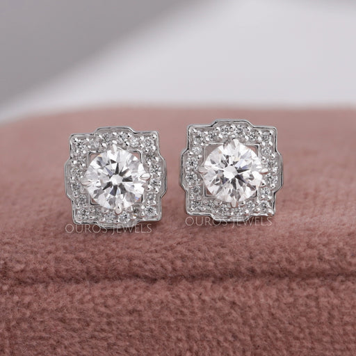 front view of round cut diamond square halo stud earrings white gold