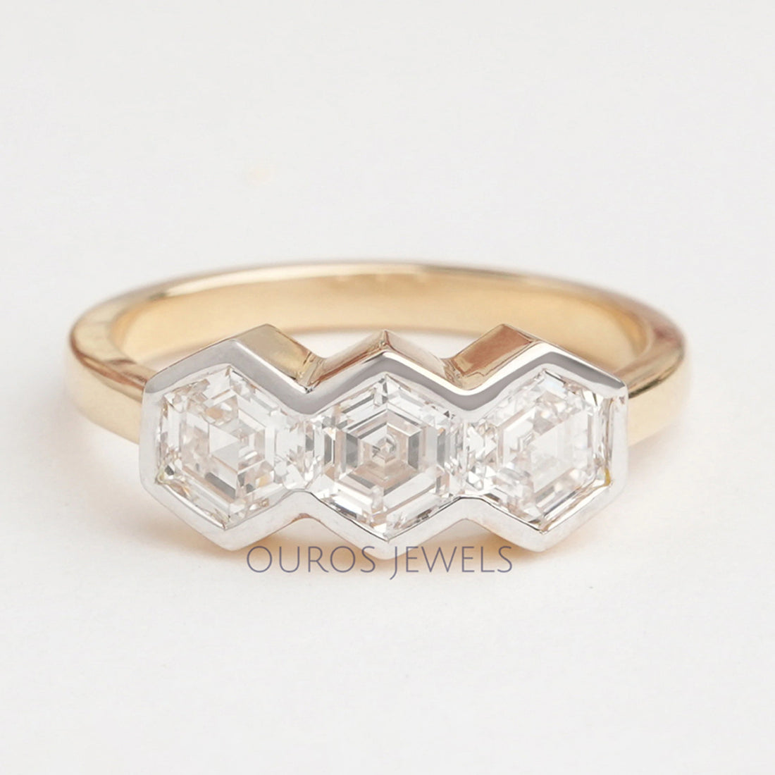 Three Stone Hexagon Cut Bezel Set Engagement Ring
