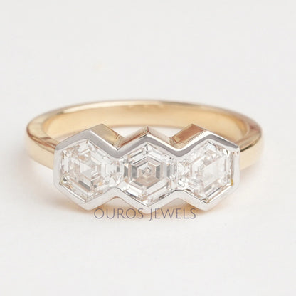 Three Stone Hexagon Cut Bezel Set Engagement Ring