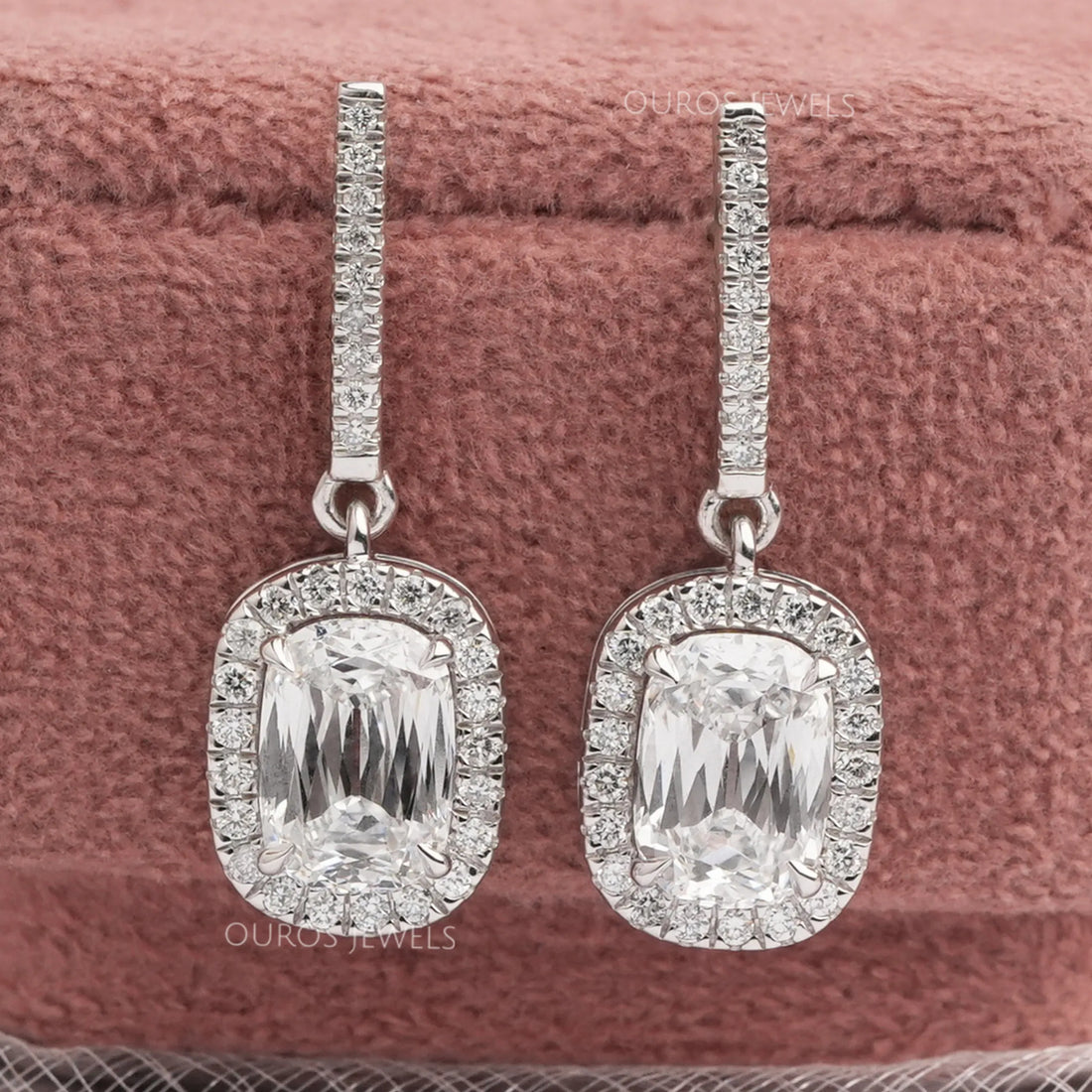 Halo Old Mine Cushion Cut Dangle Earrings Earrings
