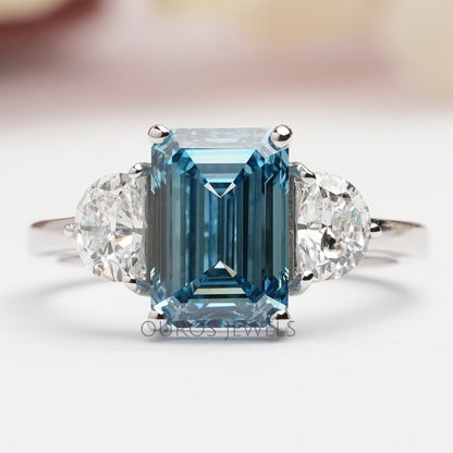 Blue Emerald Three Stone With Half Moon Cut Ring Ring