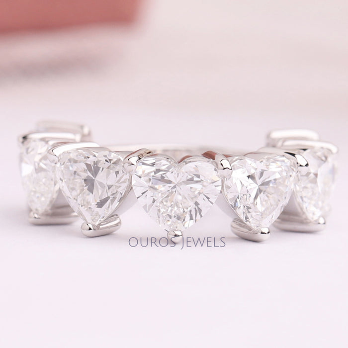 front view of heart cut lab grown diamond five stone wedding ring 