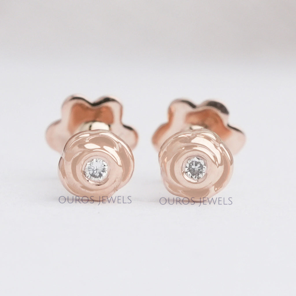 back view round cut diamond blushing rose baby earrings push back with diamond
