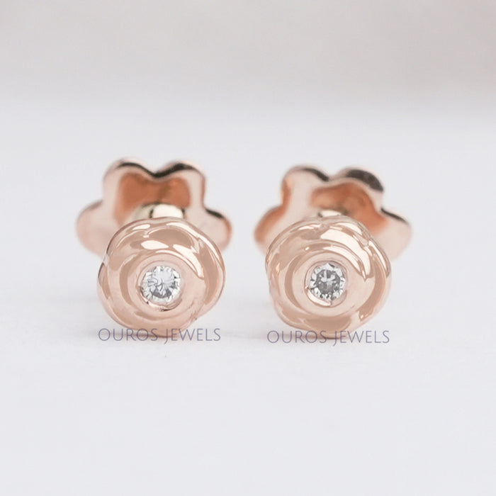 back view round cut diamond blushing rose baby earrings push back with diamond