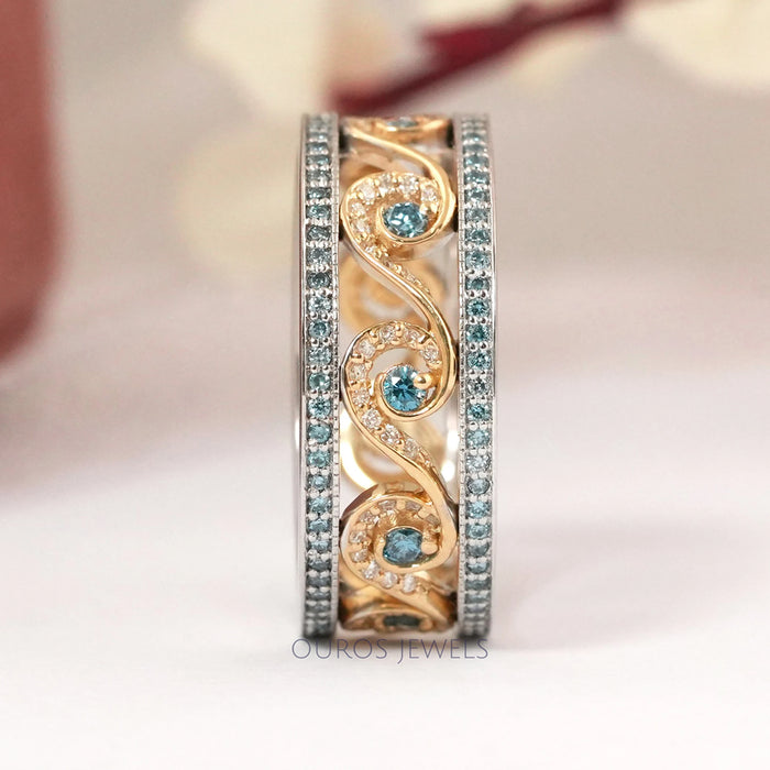 front view of round cut lab diamond double row micro hollow ring