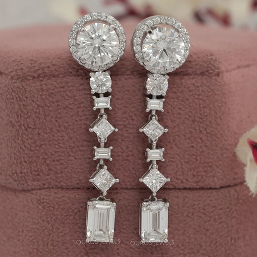 front view of multi shaped diamond floating halo basket setting drop earrings