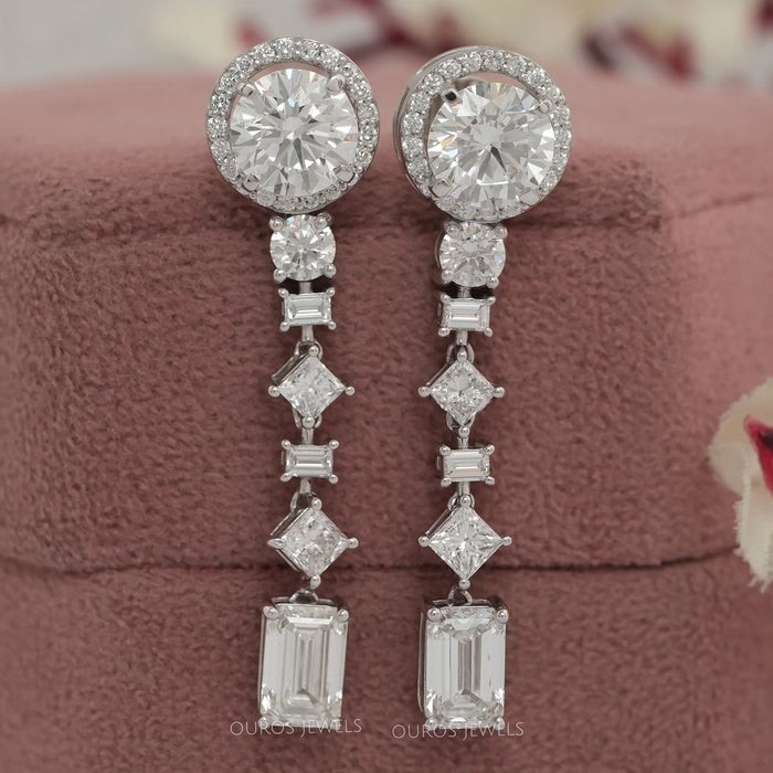 front view of multi shaped diamond floating halo basket setting drop earrings