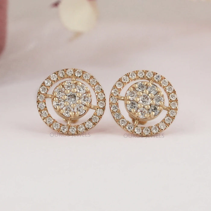 front view of round cluster diamond open circle halo stud earrings push back