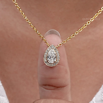 Pear Cut Lab Diamond Halo Pendant Necklaces