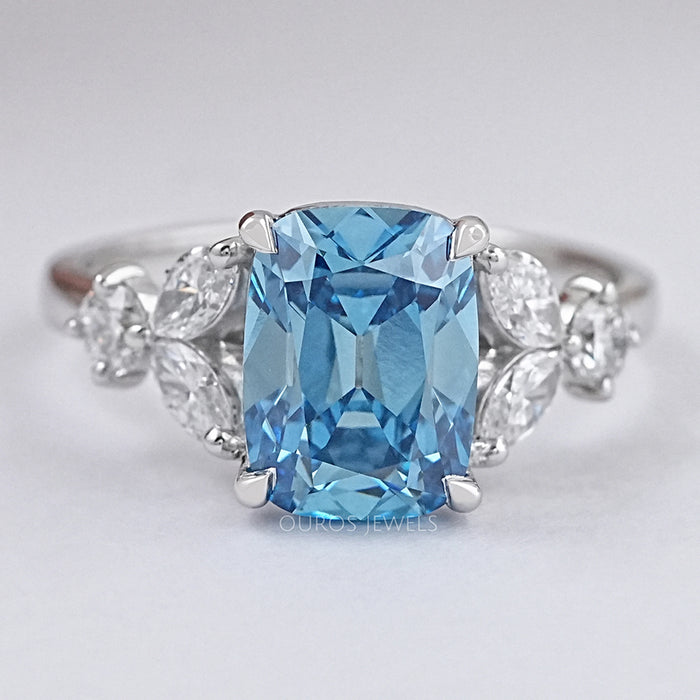 front view of fancy blue old mine cushion-cut lab diamond colored engagement ring