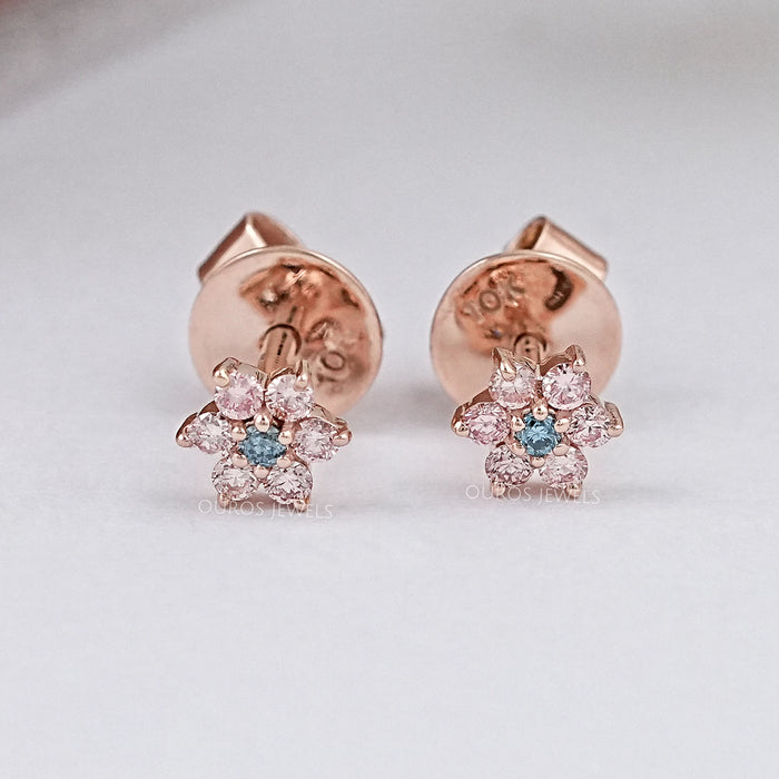 Pink & Blue Round Diamond Floral Earring