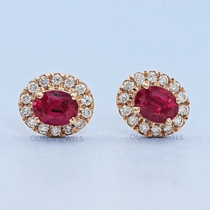 Ruby Oval Gemstone Halo Set Stud Earring Earring