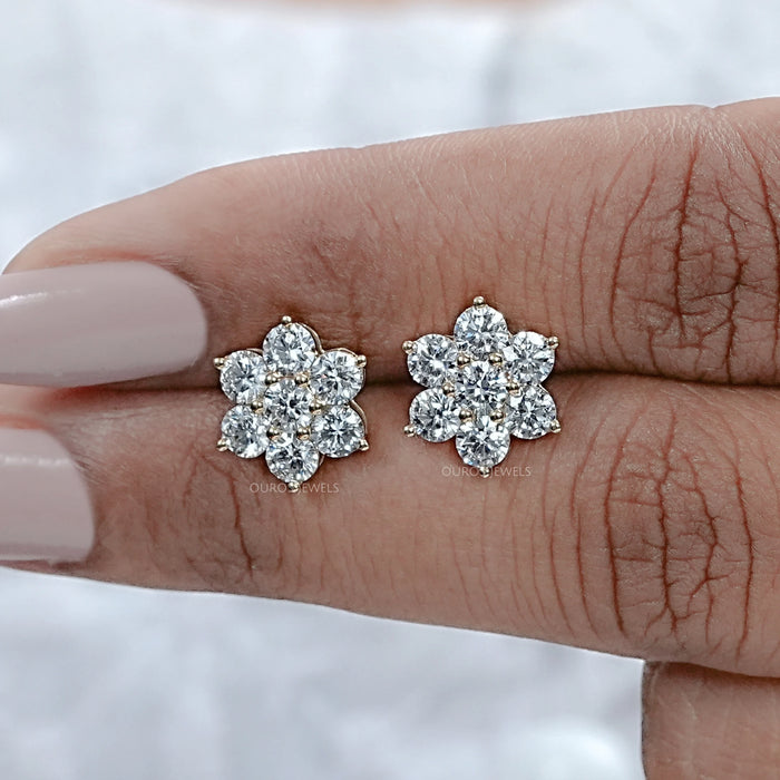 Round Diamond Floral Stud Earrings