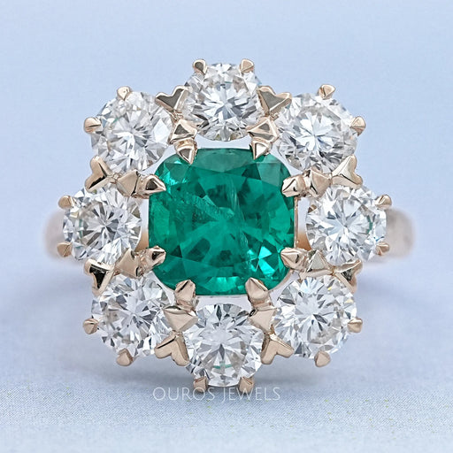 front view of emerald square green cushion gemstone round halo floral engagement ring