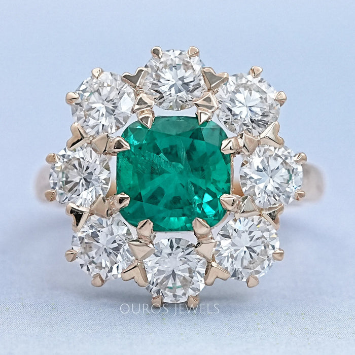 front view of emerald square green cushion gemstone round halo floral engagement ring