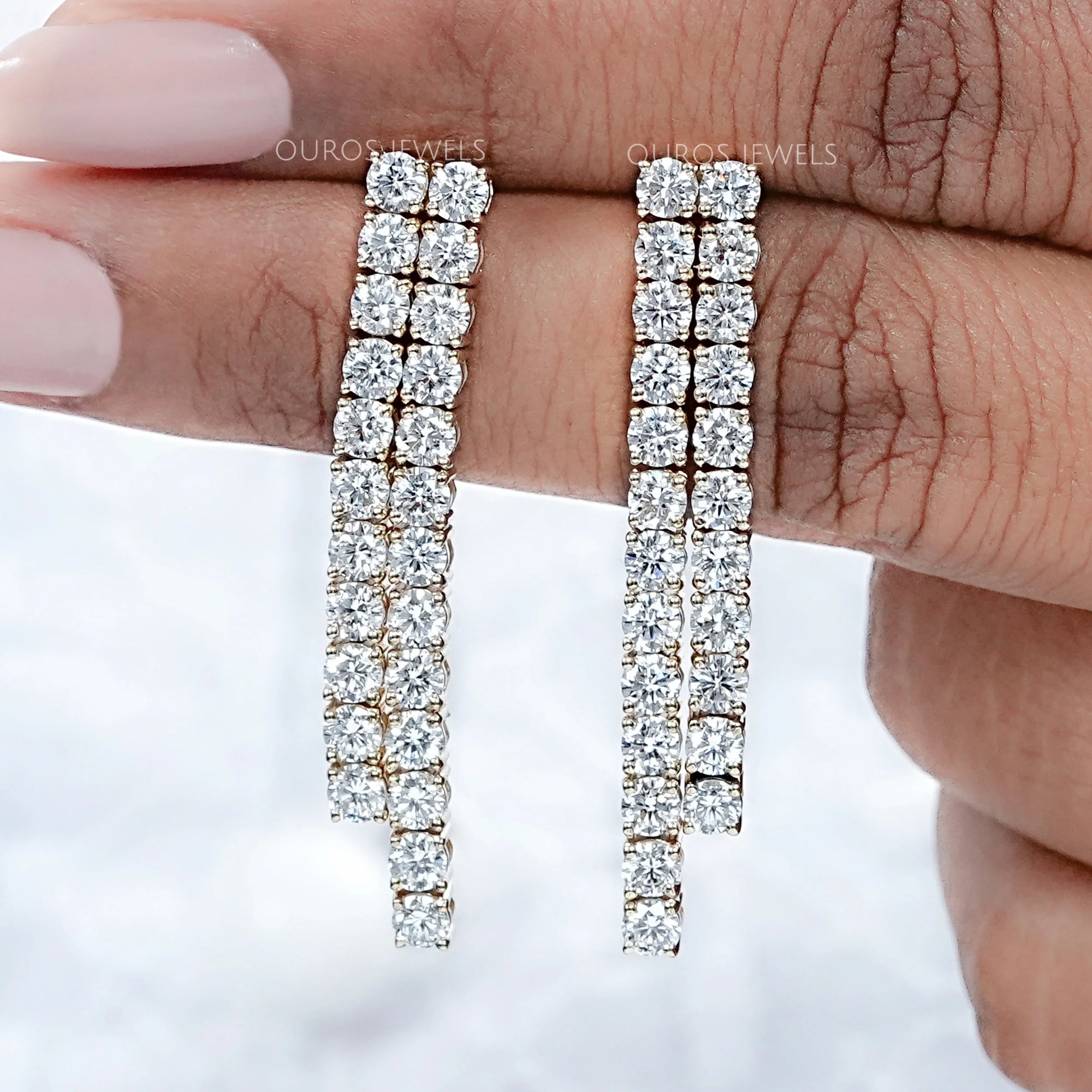 Round Diamond Double Row Drop Earrings