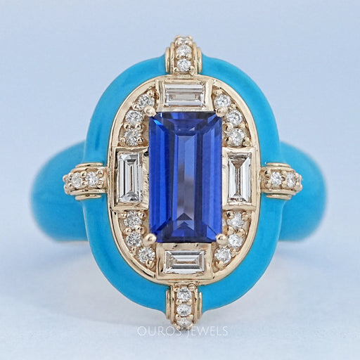 front view of sapphire baguette-cut lab diamond enamel halo cocktail ring