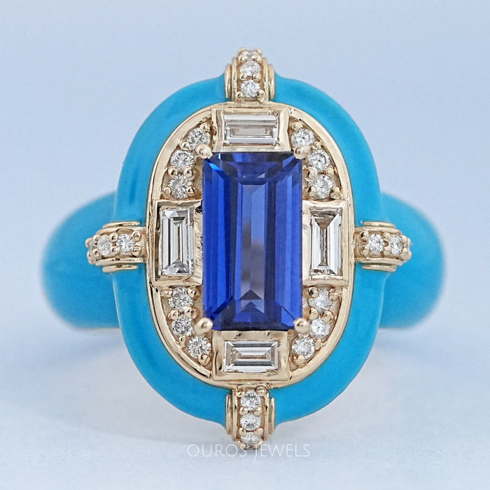 front view of sapphire baguette-cut lab diamond enamel halo cocktail ring