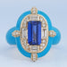 front view of sapphire baguette-cut lab diamond enamel halo cocktail ring