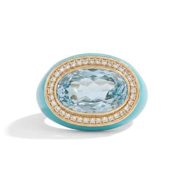 Blue Topaz East West Oval With Enamel Cocktail Ring