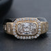 front view of east west radiant cut lab diamond halo men's wedding ring