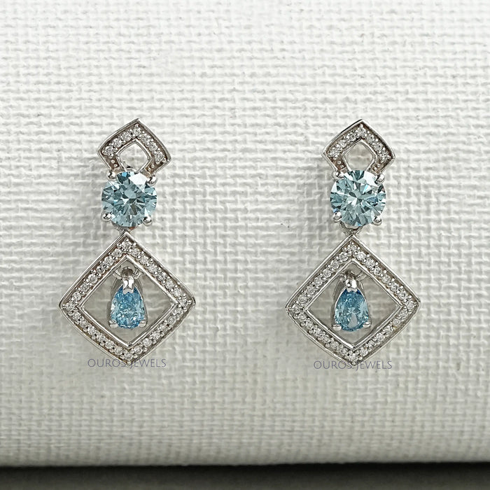 Boucles d'oreilles pendantes rondes bleues avec diamants en forme de poire