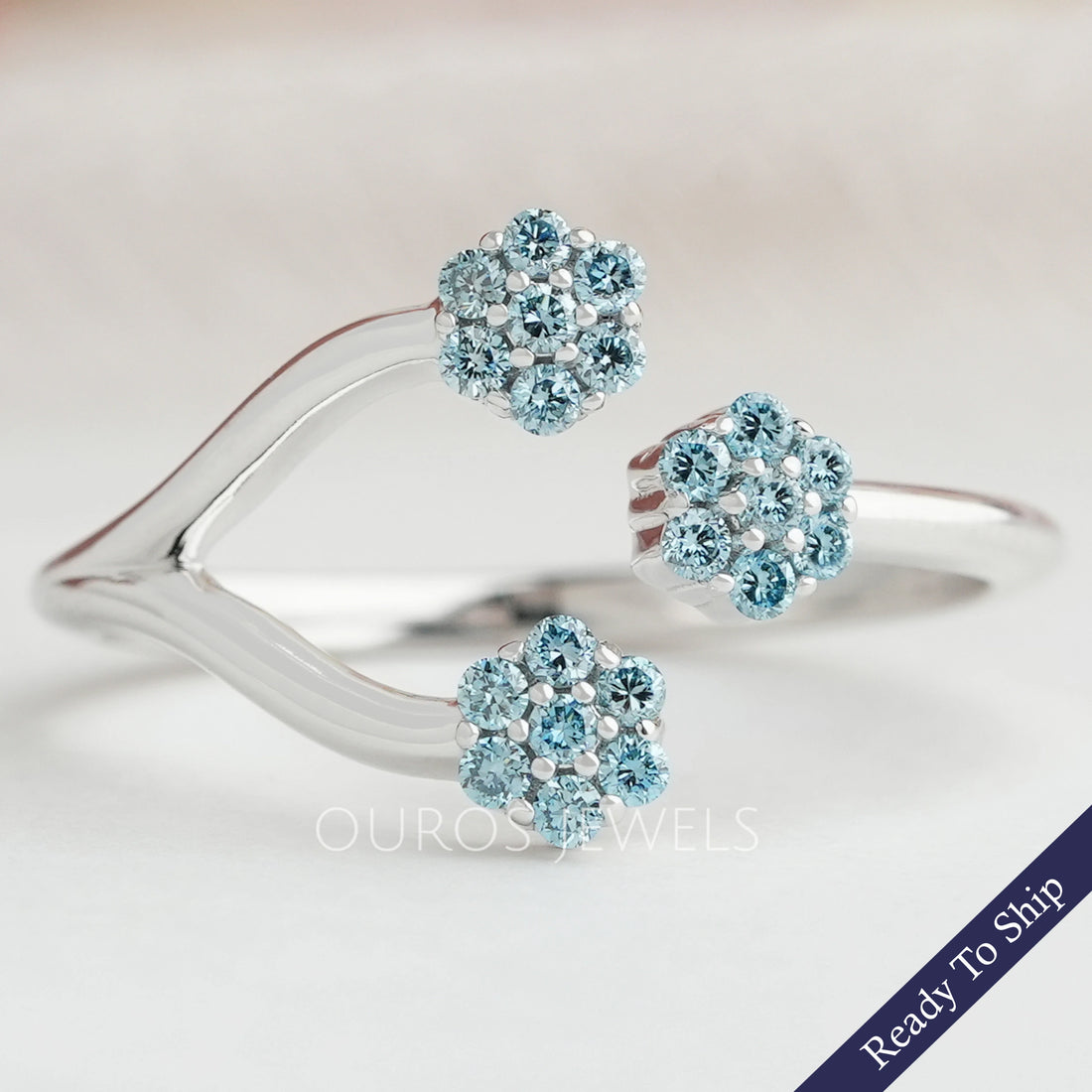 Blue Round Cut Lab Grown Diamond Open Cuff Dainty Ring