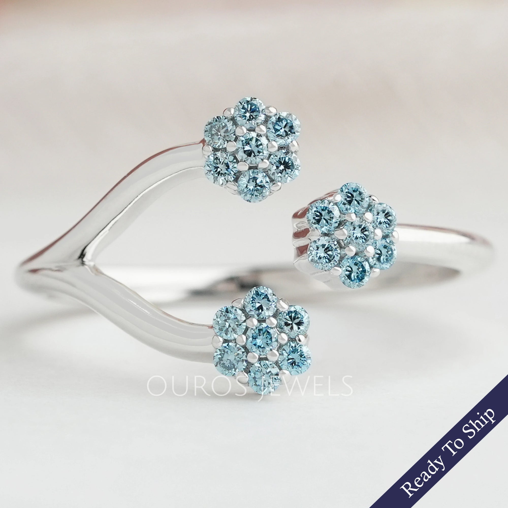 Blue Round Cut Lab Grown Diamond Open Cuff Dainty Ring