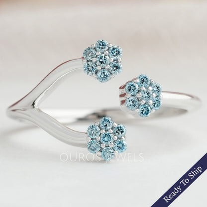 Blue Round Cut Lab Grown Diamond Open Cuff Dainty Ring