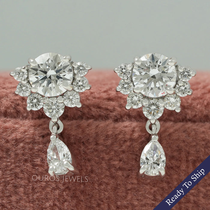 Boucles d'oreilles pendantes à demi-halo à coupe ronde