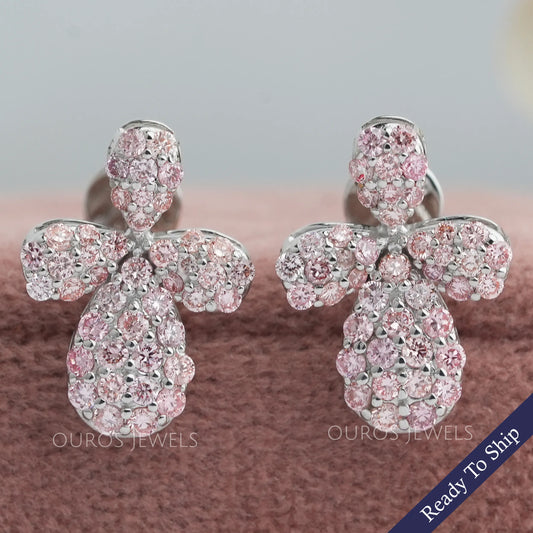 Floral Shape Pink Round Cut Push Back Stud Earrings