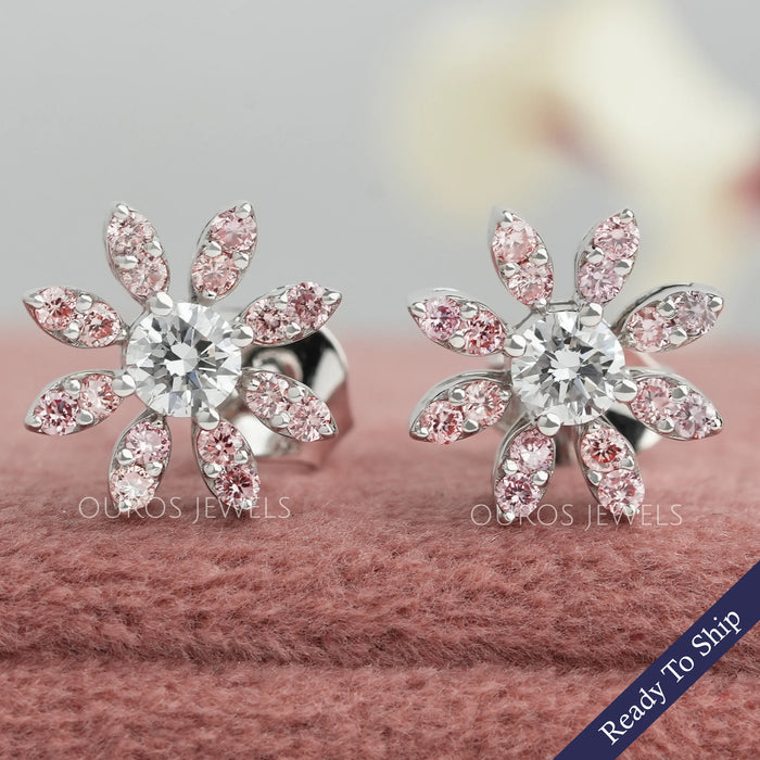 Boucles d'oreilles à tige en forme de fleur ronde rose avec diamants de laboratoire