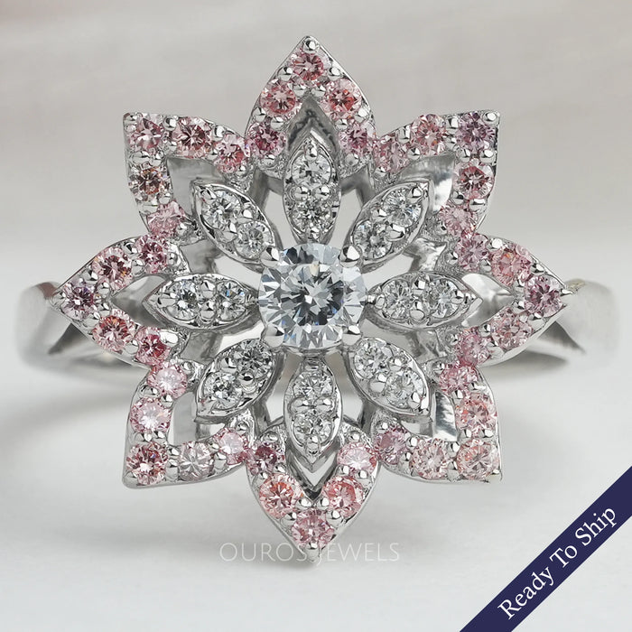 Round Cut Lab Grown  Floral Style Engagement  Ring