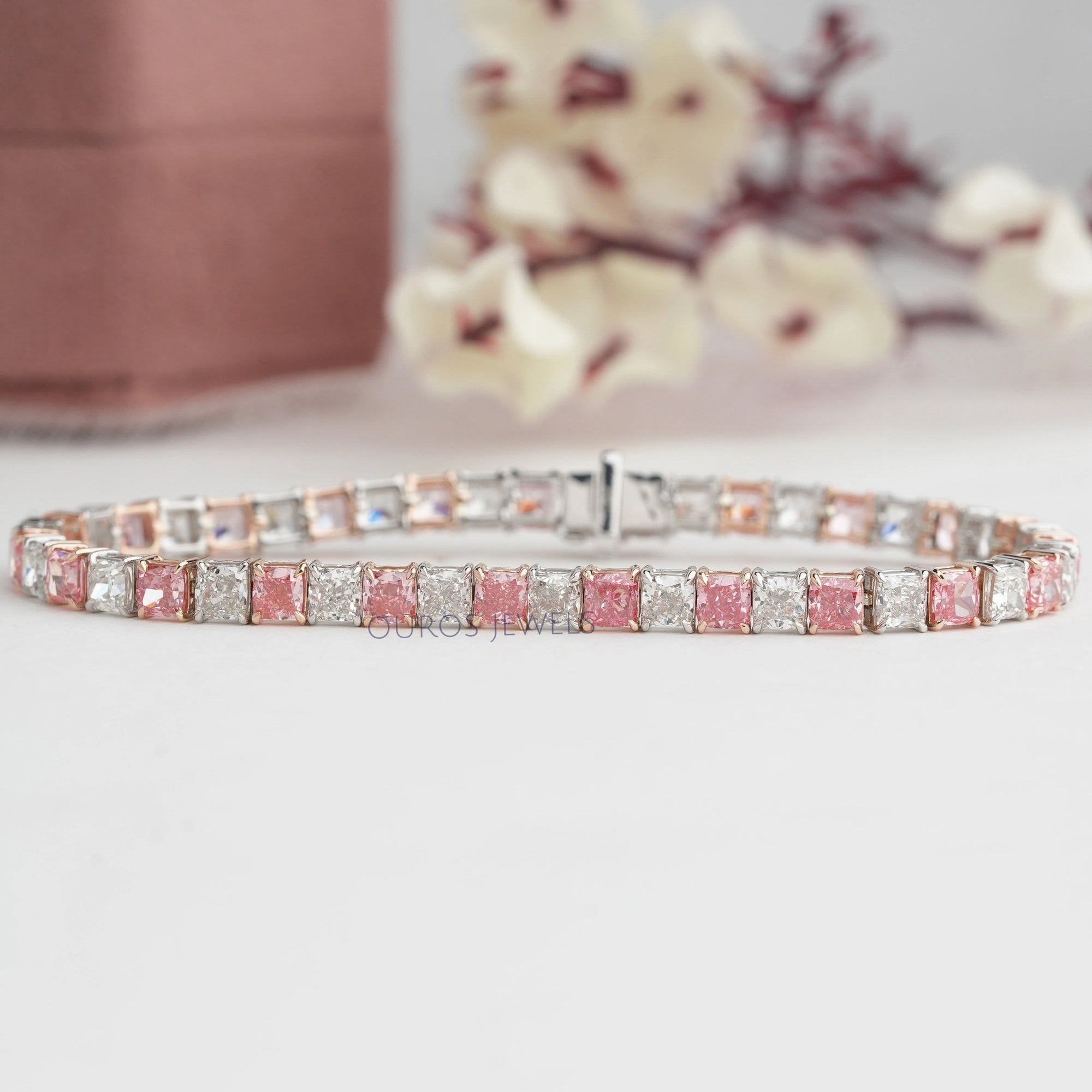 Pink Cushion Cut Lab Grown Diamond Tennis Bracelet
