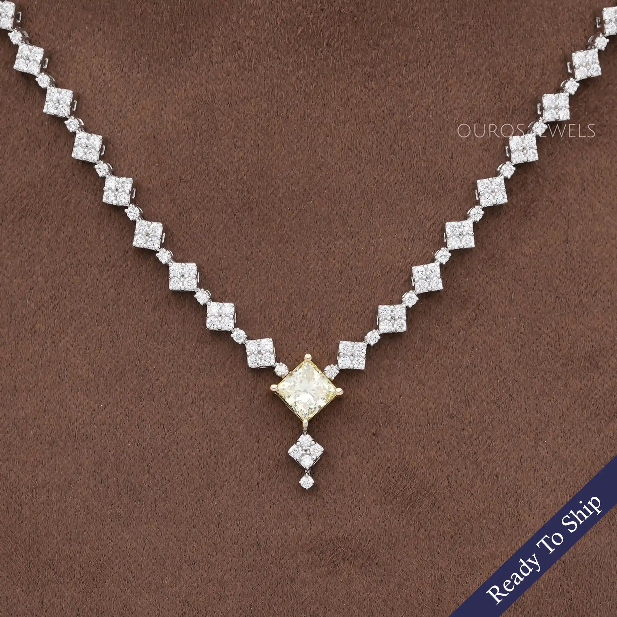 Princess And Round Cut Cluster Diamond Necklace Set Necklaces