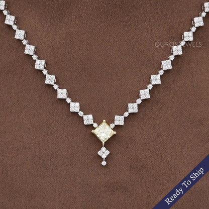 Princess And Round Cut Cluster Diamond Necklace Set Necklaces