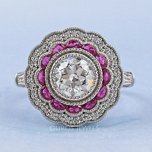 old european round cut pink half moon halo gemstone engagement ring's front view