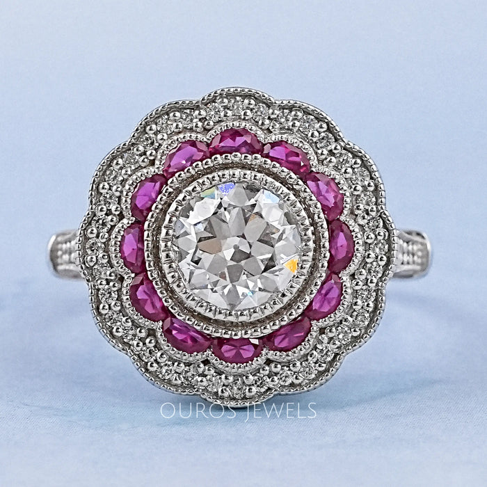 old european round cut pink half moon halo gemstone engagement ring's front view
