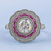 old european round cut pink half moon halo gemstone engagement ring's front view