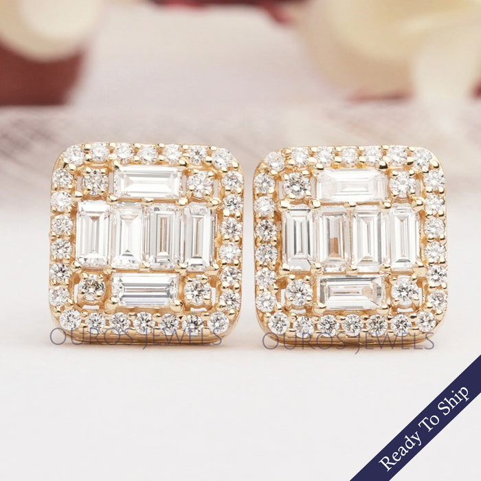 Baguette And  Round Cut Lab Diamond Halo Stud Earrings