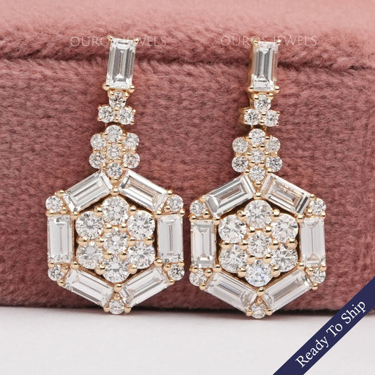 Hexagon Shape Baguette And Round Cut Screw Back Earrings