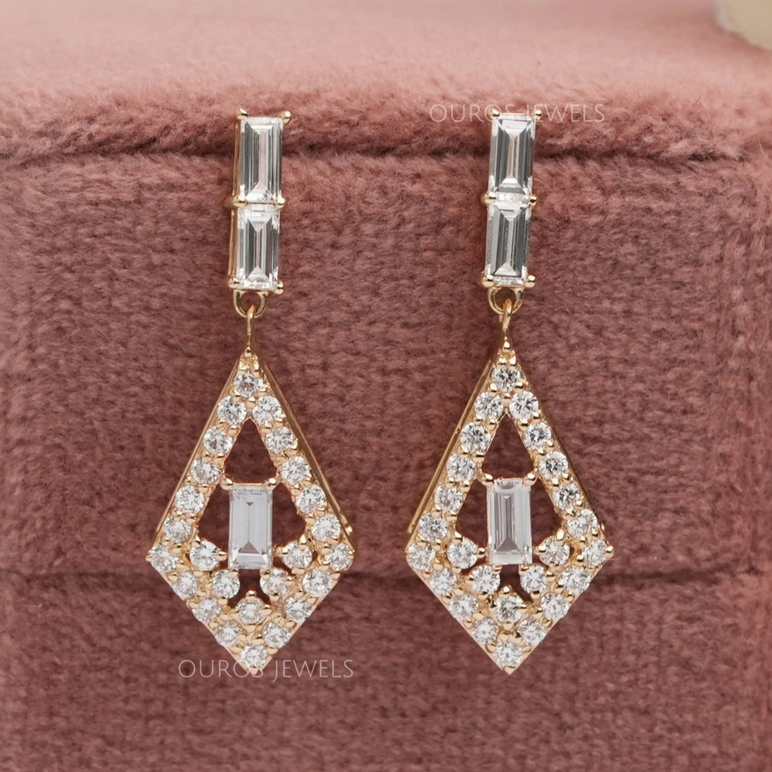 Baguette Cut & Round Halo Lab Grown Diamond Drop Earrings