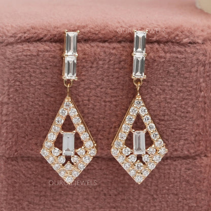 Baguette Cut & Round Halo Lab Grown Diamond Drop Earrings
