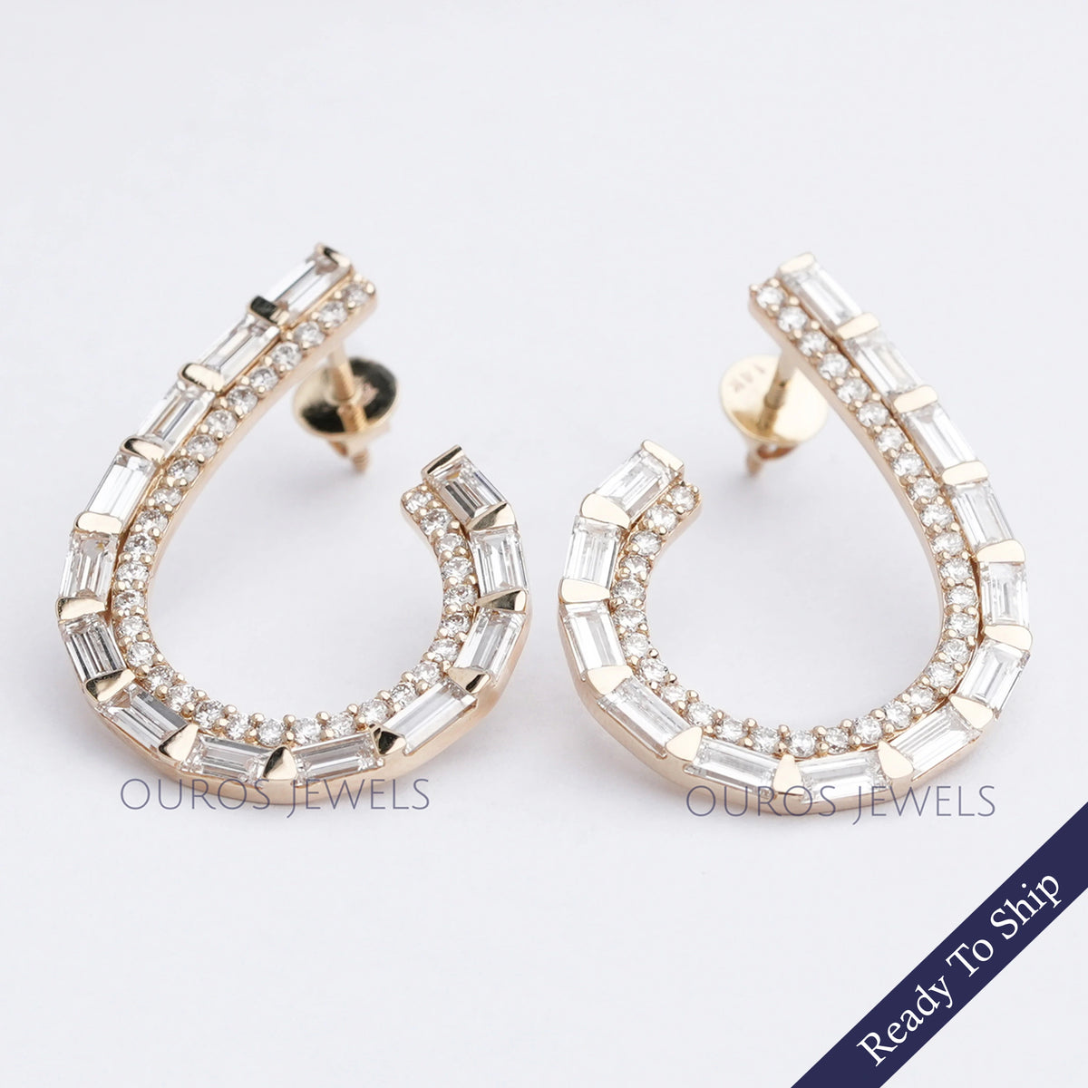 Boucles D'oreilles Homme Diamant Baguette Or Jaune 10 Carats - Neuf Avec étiquettes