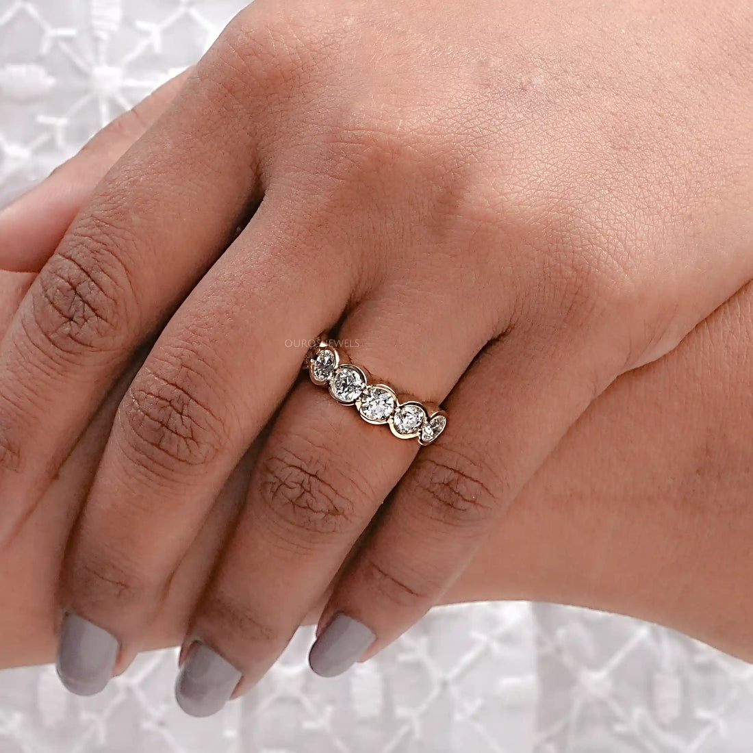 OEC Round Cut Lab Diamond Half Eternity & Half Bezel Set Band Ring