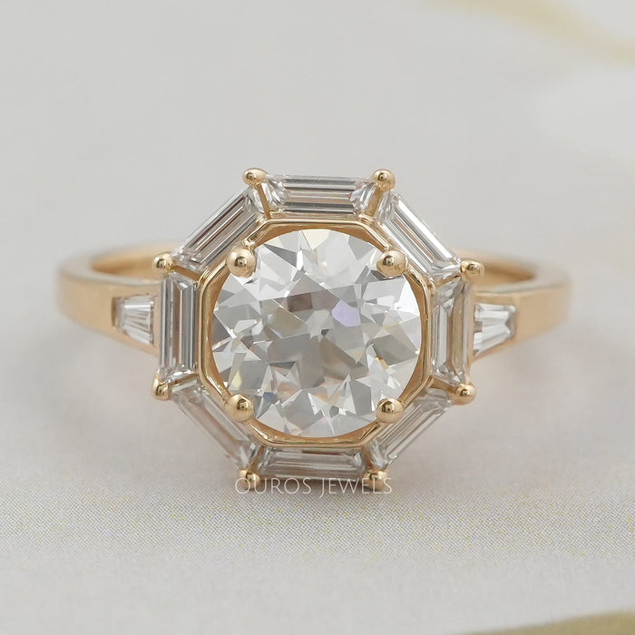 top view of old european round cut tapered baguette diamond halo engagement ring