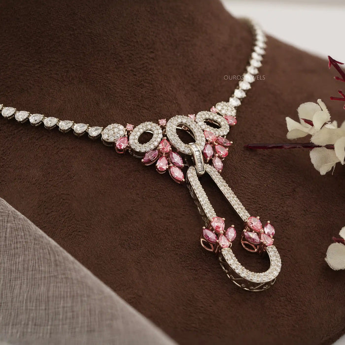 Pink Pear And Marquise Diamond Cluster Bridal Necklace