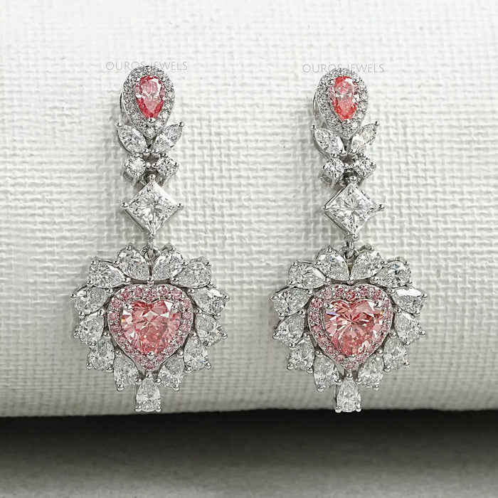 Boucles d'oreilles pendantes à double halo en forme de cœur rose