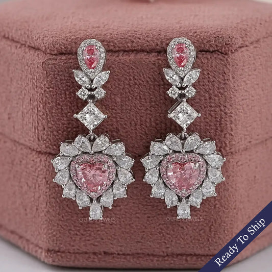 Pink Heart Lab Diamond Double Halo Drop Earrings Earrings