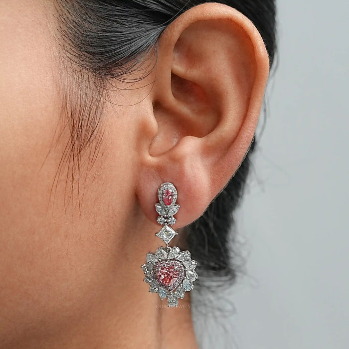 Pink Heart Lab Diamond Double Halo Drop Earrings